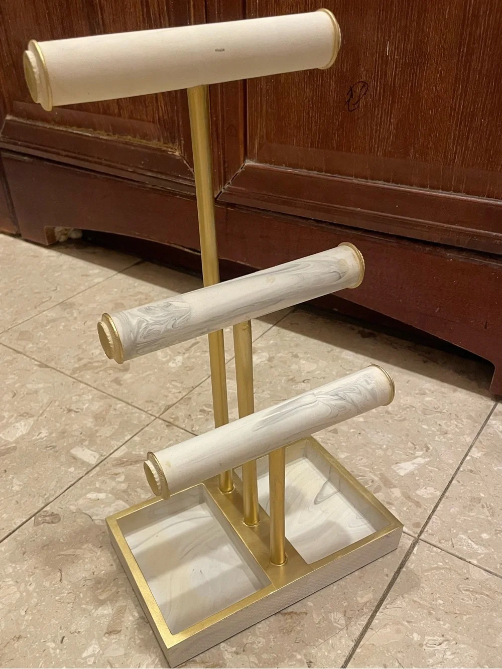Three-Tier Jewelry Display Stand in White Marble Finish and Gold